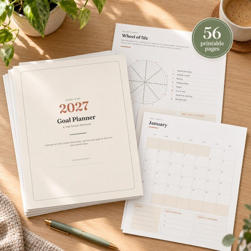 2027 Goal Planner & Year Review Workbook printable pages on a desk