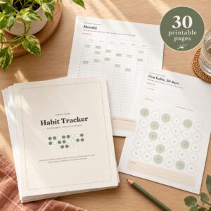 Habit Tracker printable pack pages on a desk
